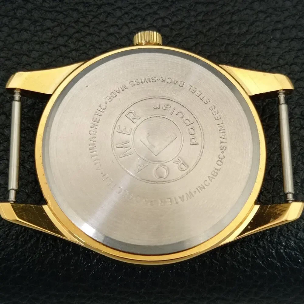 Vintage 1977 Roamer Manual Mens Gold Watch W/Nato Strap & Red accents
